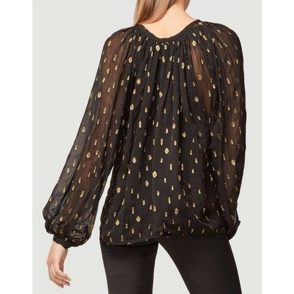 FRAME Denim Peasant Blouse Sz XS Black Metallic Gold Sheer Long Sleeves (f - Picture 2 of 7